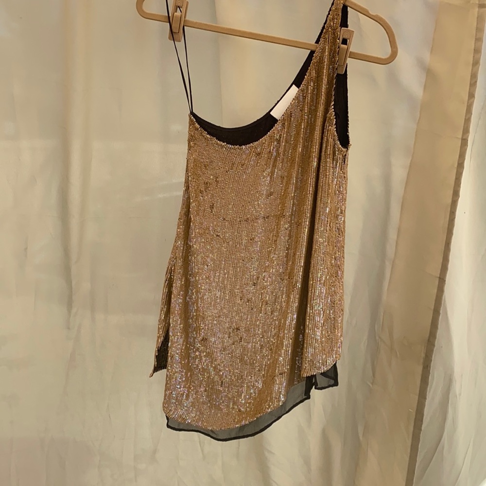 Y2K Gold One Shoulder Sequin Top 100% Silk